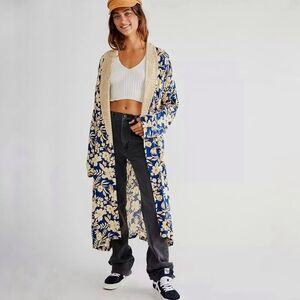 Free People Wild Nights Duster Kimono Floral Blue Combo Size Large